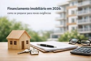 Imagem ilustrativa sobre financiamento imobiliário mostrando uma pequena casa de madeira posicionada sobre uma mesa ao lado de chaves metálicas em formato de casa, documentos organizados, uma caneta, óculos e uma calculadora. Ao fundo, aparece um prédio residencial desfocado, reforçando o contexto urbano e o tema de financiamento para aquisição de imóvel em 2026.