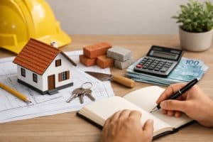 Imagem representando crédito para construção no Brasil, mostrando uma maquete de casa sobre uma planta arquitetônica ao lado de chaves, lápis e ferramentas de obra. Ao fundo aparecem capacete de segurança, tijolos, calculadora e notas de dinheiro, simbolizando custos, prazos e planejamento financeiro envolvidos no financiamento para construção residencial. Uma pessoa escreve em um caderno, reforçando a ideia de organização, controle de gastos e cuidados essenciais ao solicitar recursos para obra.