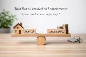 Imagem ilustrativa sobre financiamento imobiliário mostrando uma balança de madeira equilibrando dois blocos com as inscrições “taxa fixa” e “taxa variável”. À esquerda há uma pequena casa de madeira representando compra de imóvel com financiamento, enquanto à direita aparecem pilhas de moedas simbolizando custos e juros. No fundo há uma planta desfocada e uma mesa de madeira, transmitindo a ideia de comparação e decisão financeira entre diferentes modalidades de financiamento.