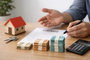 Homem analisando contrato de financiamento imobiliário sobre mesa com maquete de casa, chaves, calculadora e pilhas de dinheiro organizadas por valor, representando entrada parcelada no financiamento e a decisão de quando vale a pena negociar condições de pagamento para equilibrar orçamento e investimento.