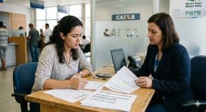 Mulher sentada em uma agência bancária analisando documentos ao lado de uma atendente, ambas concentradas na revisão de papéis relacionados a financiamento habitacional, com computador, telefone e formulários sobre a mesa, enquanto outras pessoas aguardam atendimento ao fundo em ambiente corporativo iluminado.