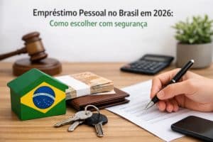 Imagem ilustrativa sobre empréstimo pessoal no Brasil em 2026, mostrando uma mão assinando um contrato sobre uma mesa de madeira, ao lado de um celular, um molho de chaves e uma carteira com dinheiro. Há também um pequeno objeto em formato de casa com a bandeira do Brasil, simbolizando crédito financeiro, além de um martelo de juiz e uma calculadora ao fundo, representando análise, decisão e planejamento financeiro seguro.