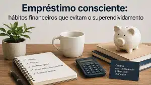 Mesa minimalista de madeira em ambiente claro e moderno com elementos de organização financeira relacionados a empréstimo pessoal consciente. No topo da imagem aparece o título “Empréstimo consciente: hábitos financeiros que evitam o superendividamento”. Sobre a mesa há um cofre em formato de porquinho branco apoiado em livros, uma calculadora, um caderno com checklist de planejamento financeiro, uma caneta, uma caneca branca e uma planta pequena em vaso neutro. A composição transmite controle financeiro, planejamento e hábitos responsáveis para evitar o superendividamento, com visual clean, realista e equilibrado.